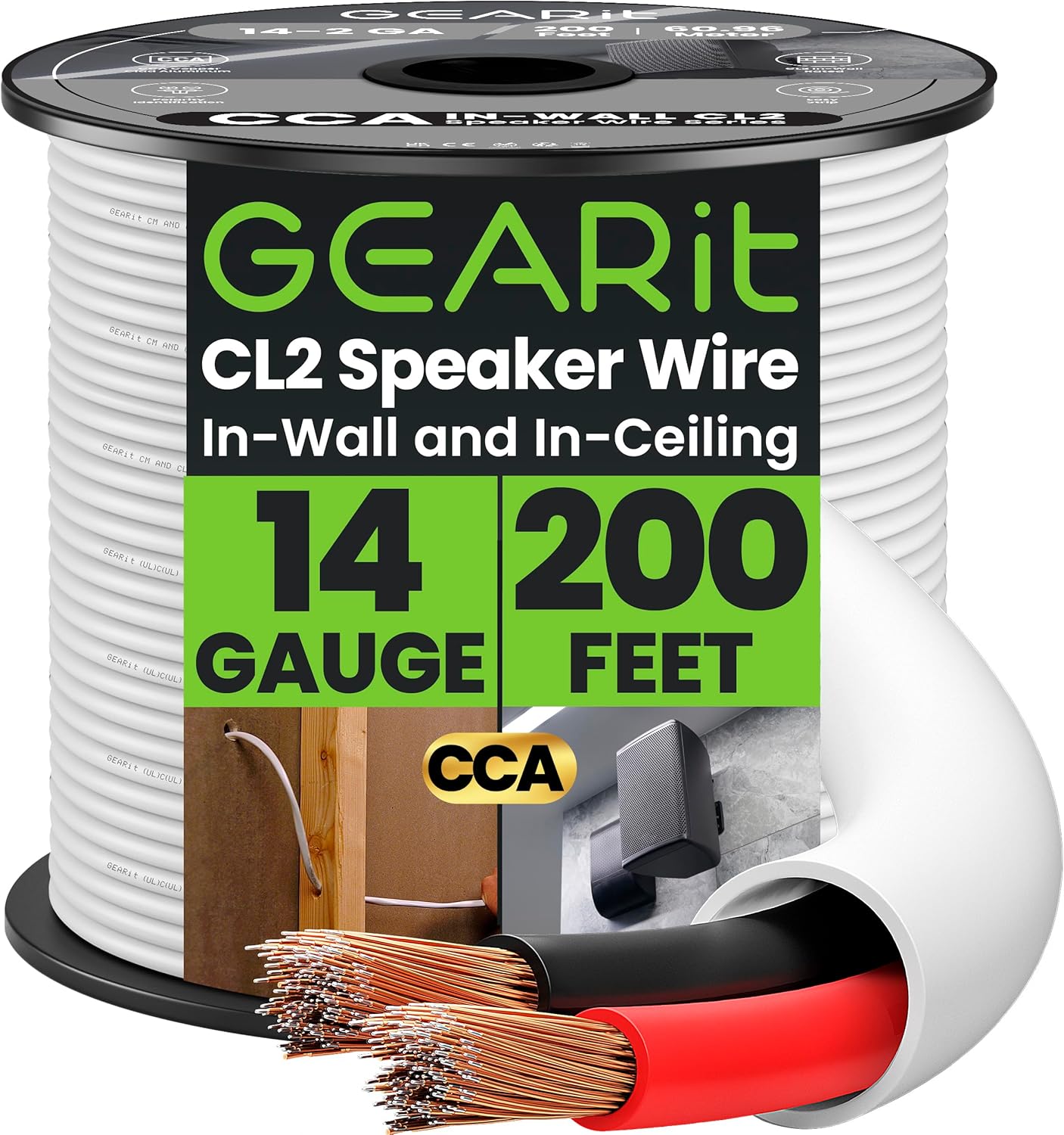GEARit 14 Gauge Speaker Wire, CL2 Rated 14 Gauge Wire 200ft, Audio Cable with Red/Black Color Coded, Speaker Cable for in-Wall Home Theater, Car Stereo, Commercial Audio Systems, CCA(White)